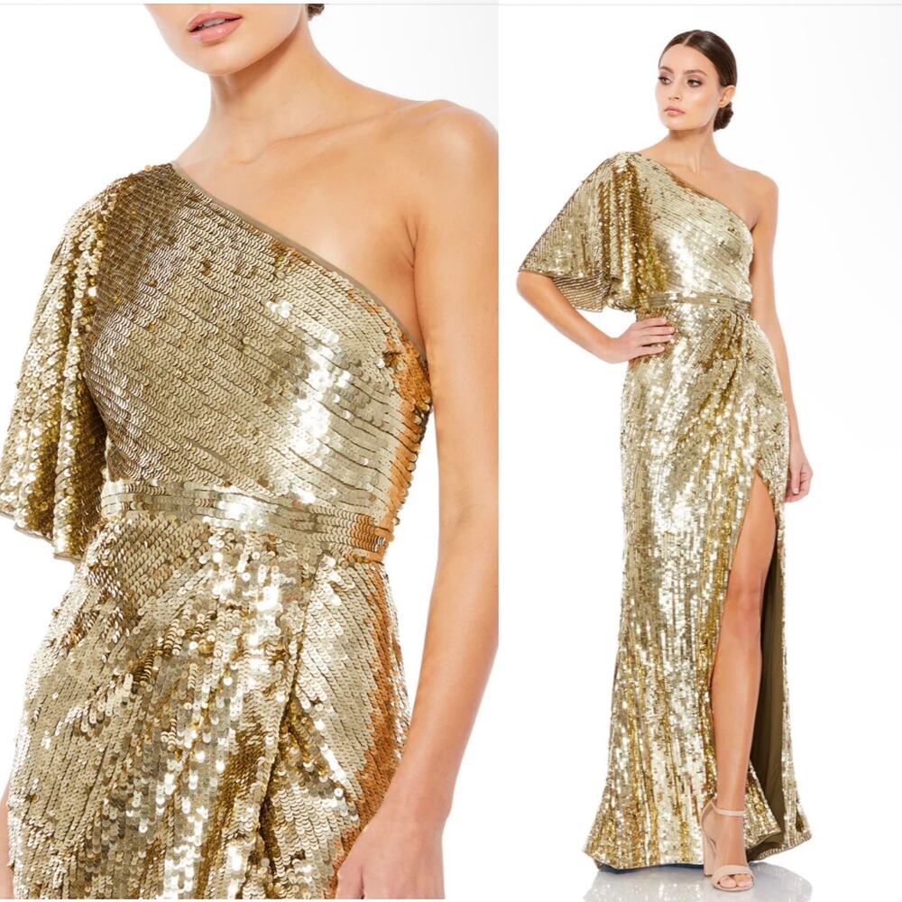 Mac Duggal Gold Sequin One-Shoulder Dress